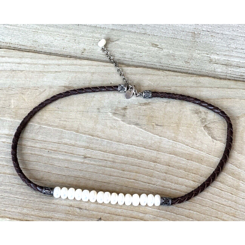Signed W 925 Sterling Silver Real Pearls Brown Braided Leather Cord 17” Necklace
